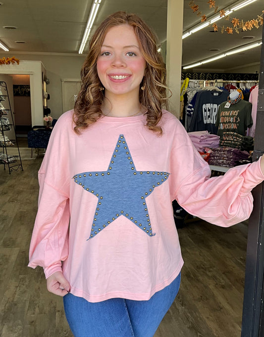 Pink Star Studded Long Sleeve Top