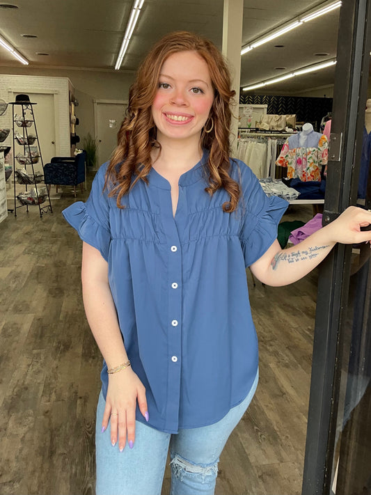 Teal Ruffle Ruched Buttoned Top