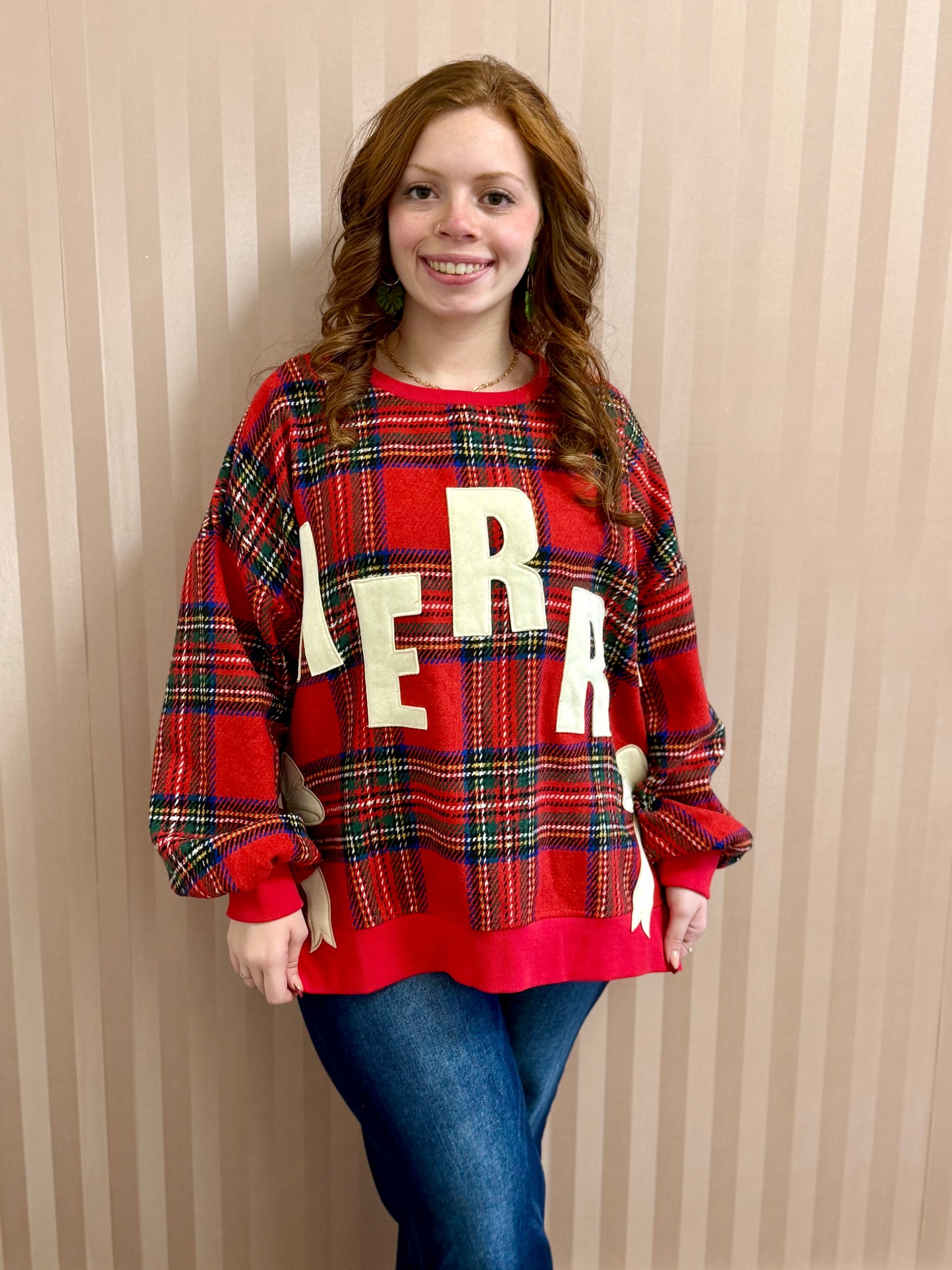 Merry Side Bow Patch Plaid Sweatshirt