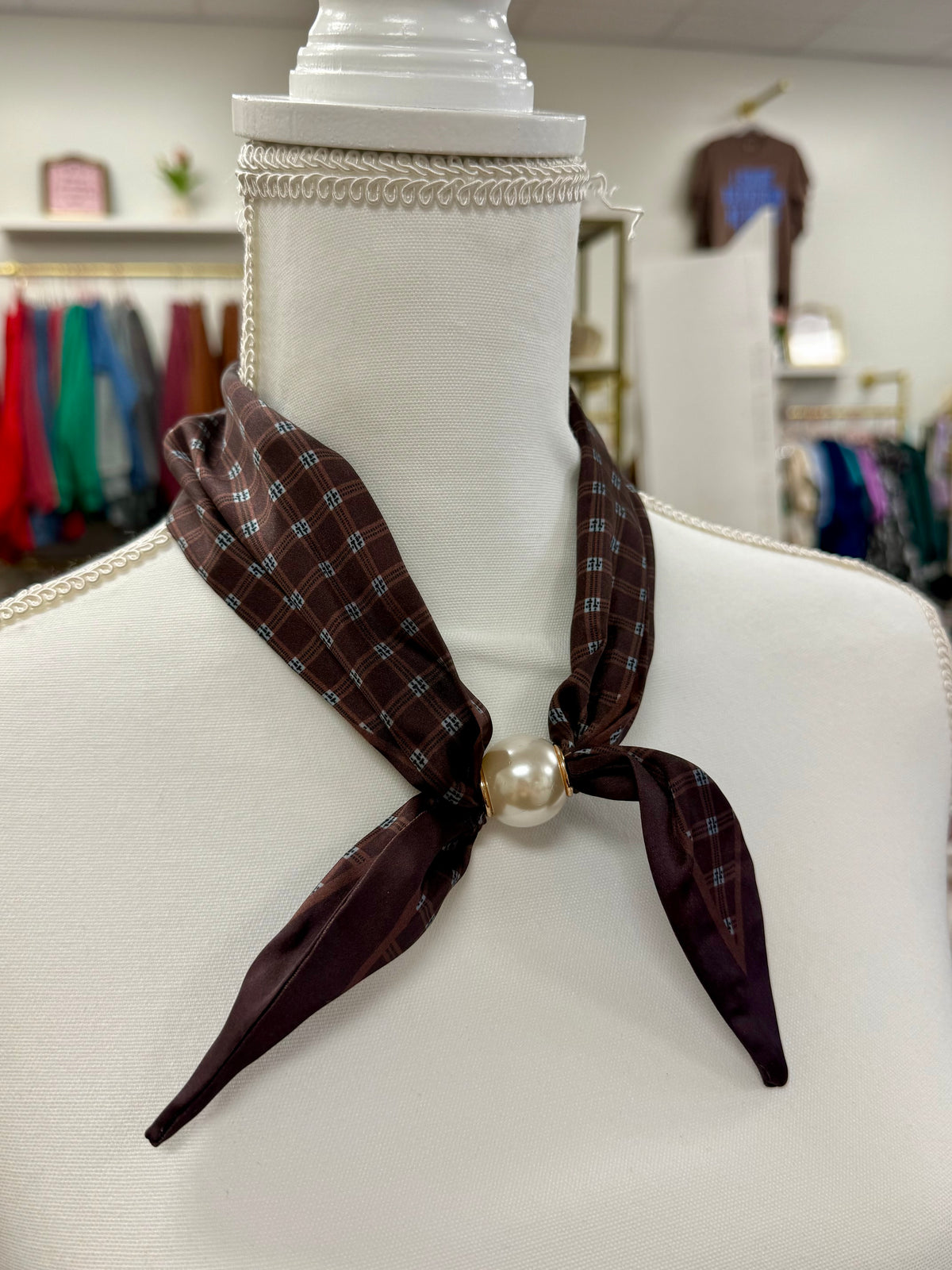 Brown Plaid Silky Scarf Clasp Necklace