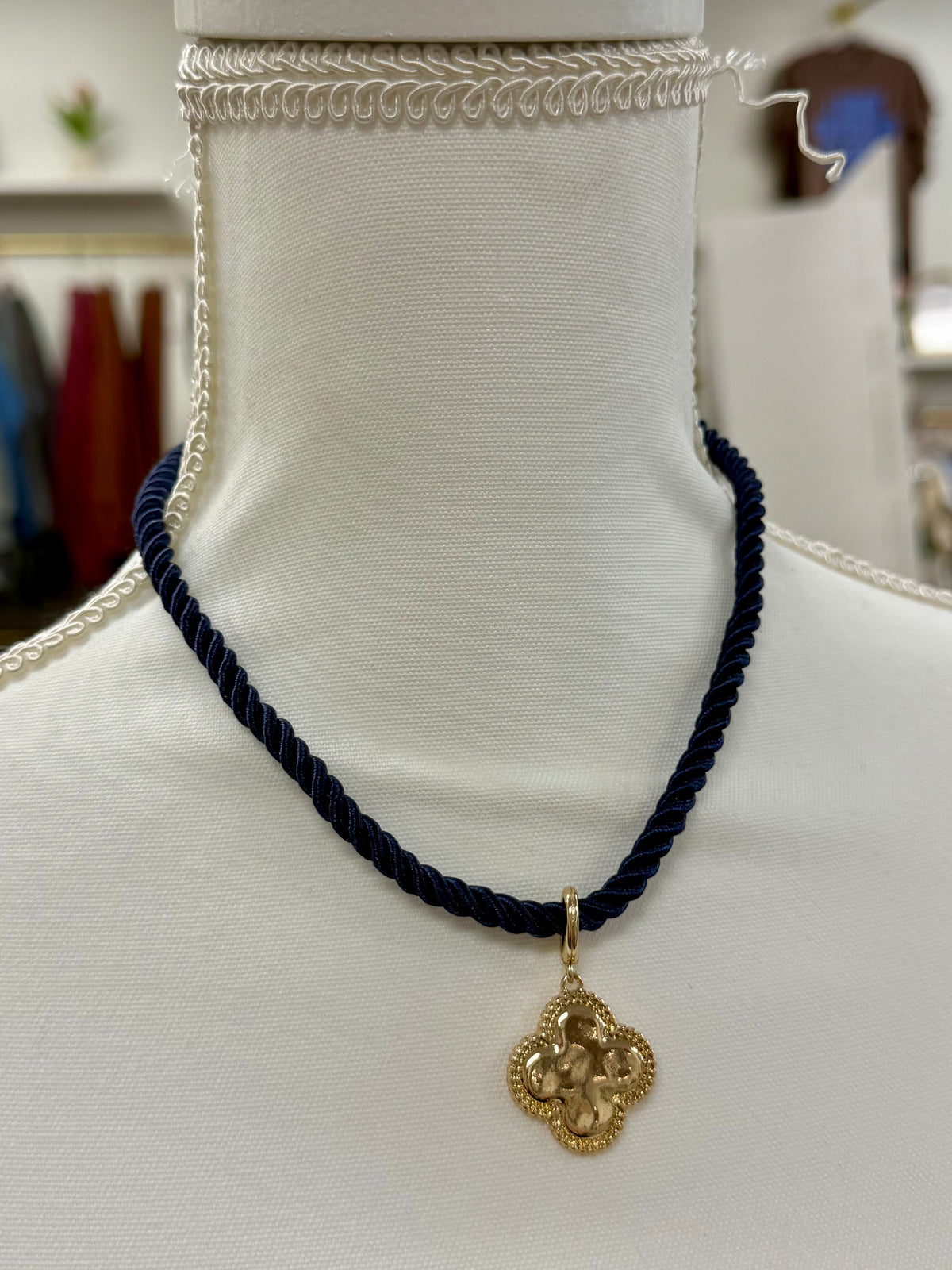 Navy Rope Clover Charm Necklace