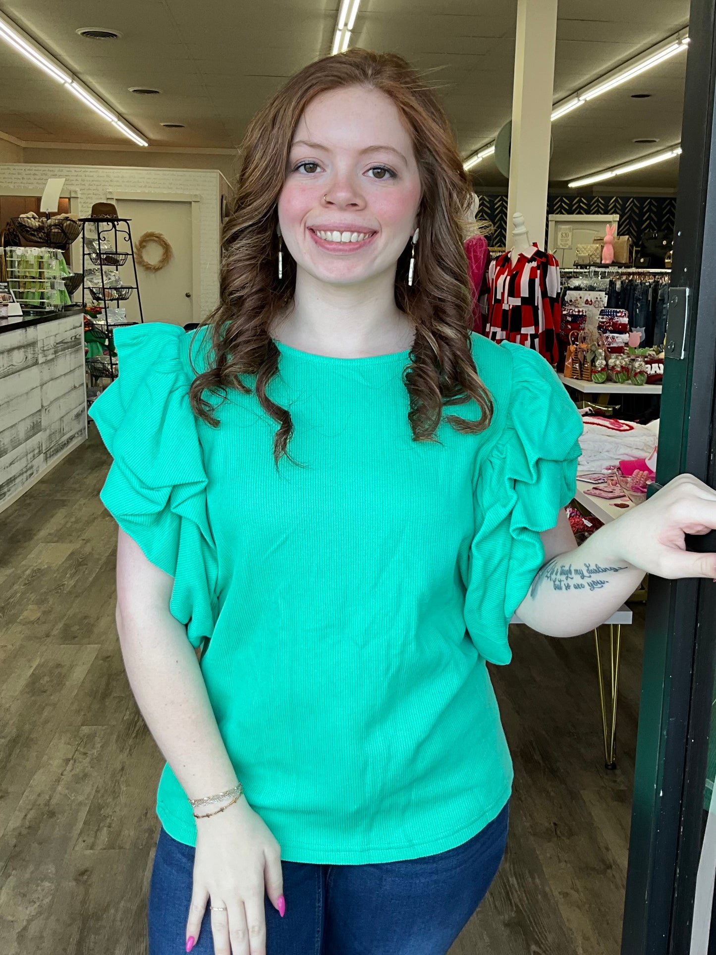 Green Ribbed Ruffle Sleeve Top
