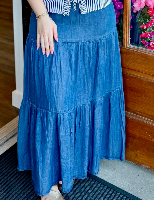 Denim Tiered Maxi Skirt