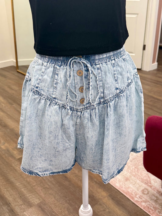 Light Washed Chambray Button Down Flare Shorts