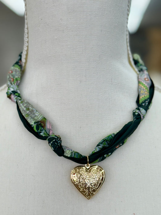 Green Scarf Heart Locket Charm Necklace
