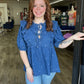 Denim Ribbon Print Ruffled Top
