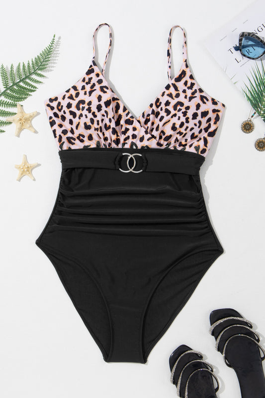 Black Animal Belted One-Piece