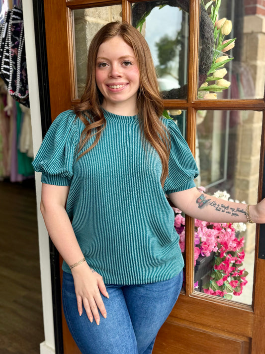 Teal Raised Rib Puff Sleeve Top