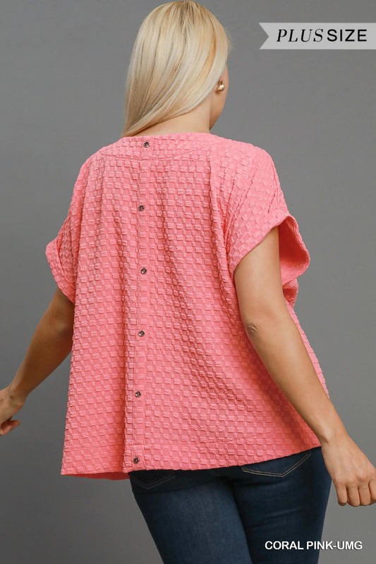 Plus Coral Jacquard Boxy Cut Top with Back Buttons