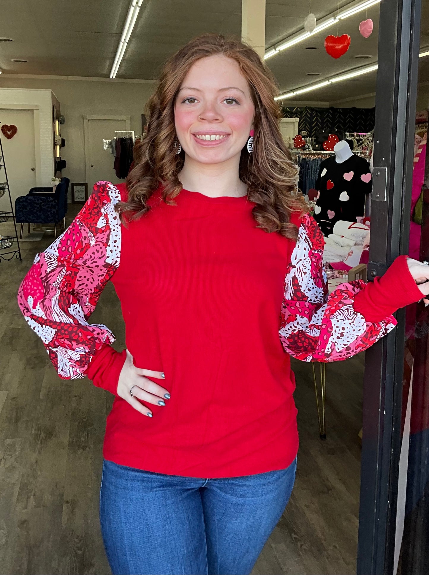 Red Contrast Mixed Animal Print Sleeve Top