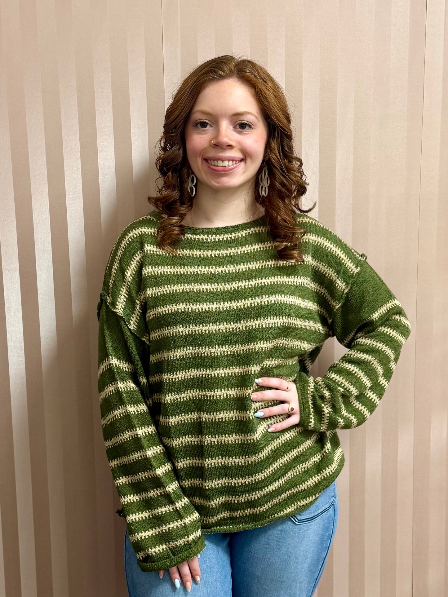 Green Stripe Drop Shoulder Sweater