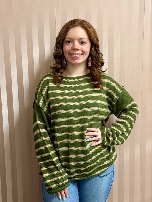 Green Stripe Drop Shoulder Sweater