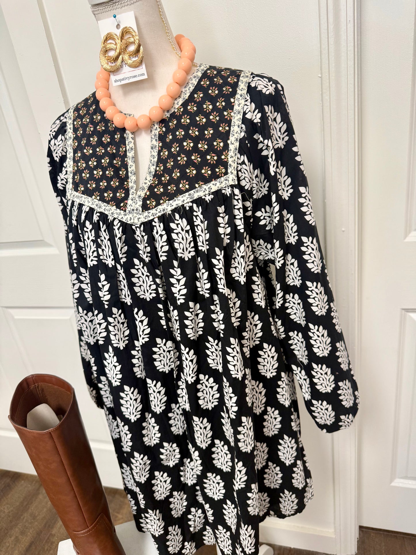 Black Printed Balloon Sleeve Dress