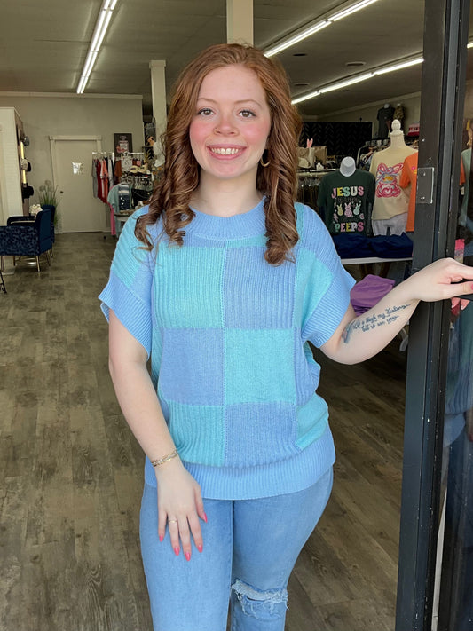 Blue Checkered Color Block Sweater