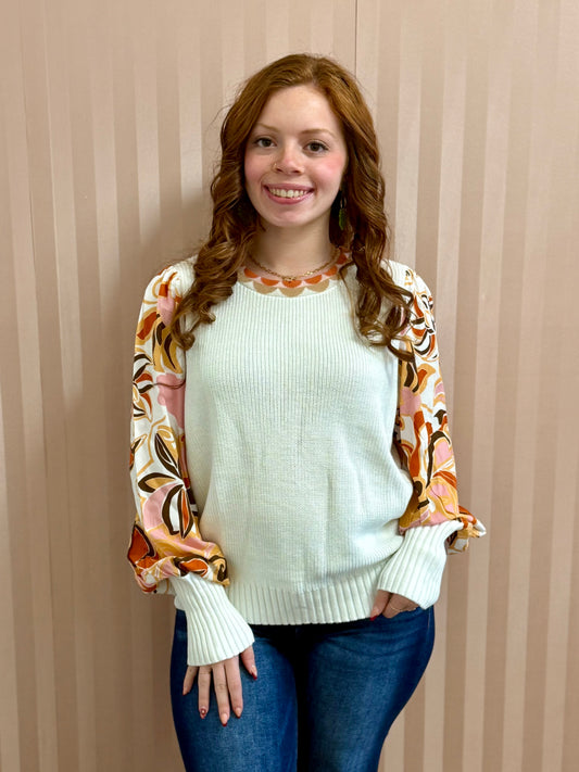White Floral Patch Bishop Sleeve Sweater