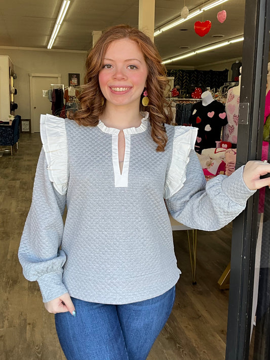 Heather Grey Textured Ruffle Shoulder Top