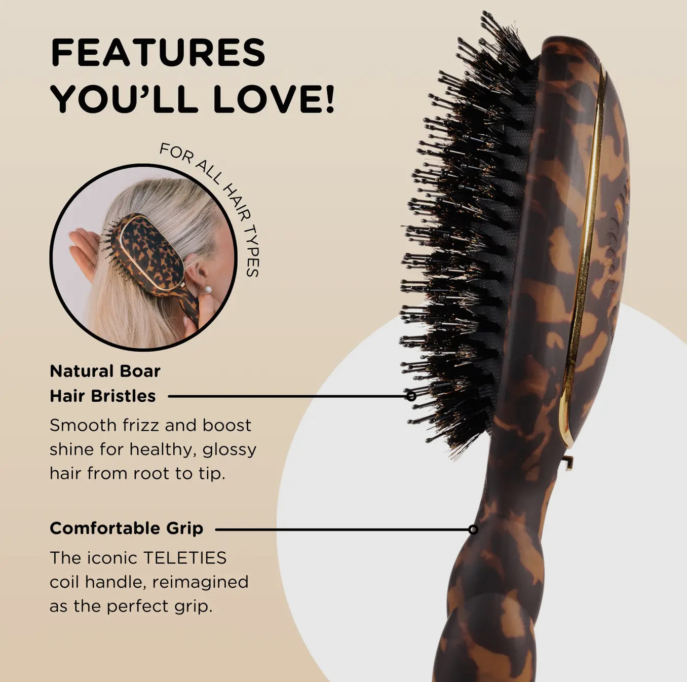 TELETIES Tan Boar Bristle Hair Brush