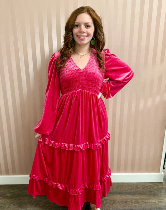 Plus Pink Velvet Ruffled Dress