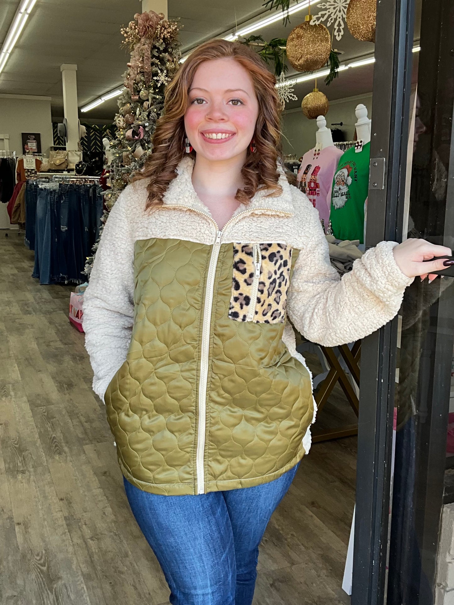 Green Sherpa Quilted Leopard Patchwork Zip Up Jacket