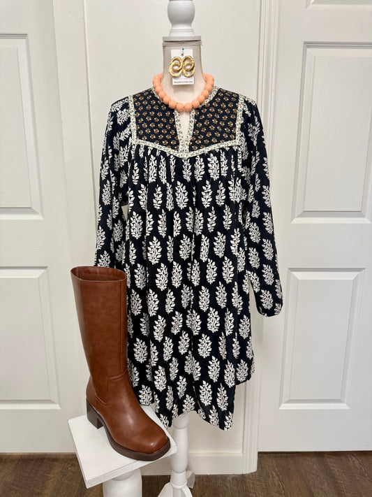 Black Printed Balloon Sleeve Dress