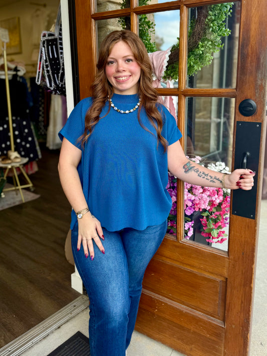 Blue Mock Neck Sweater Top