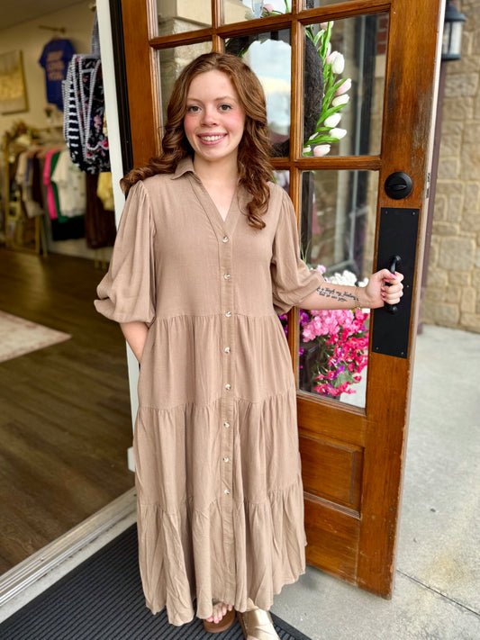 Taupe Button Down Tiered Midi Dress
