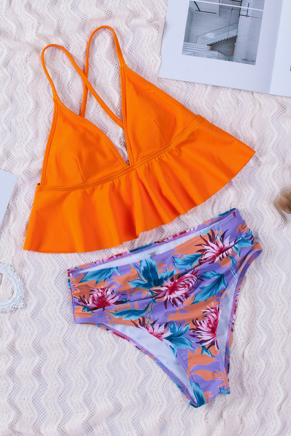 Orange Floral Frill Bikini