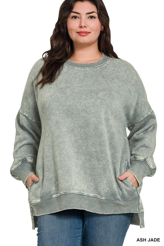 Plus Ash Jade Acid Wash Fleece Hi-Low Pullover