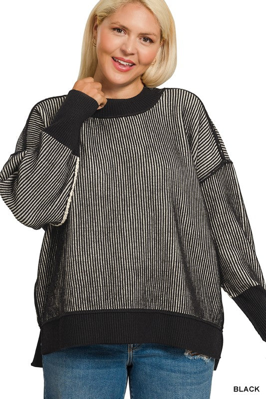 Plus Black Exposed Seam Two-Tone Sweater