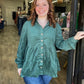 Green Smocked Ruffle Tiered Button Up Top