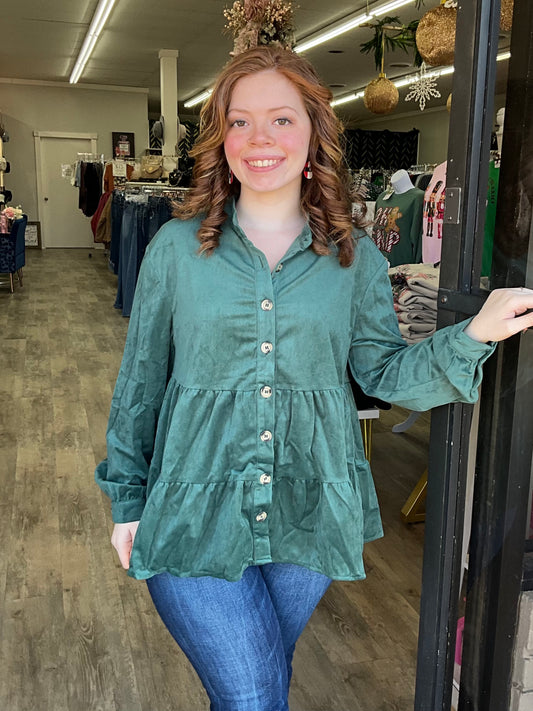 Green Smocked Ruffle Tiered Button Up Top