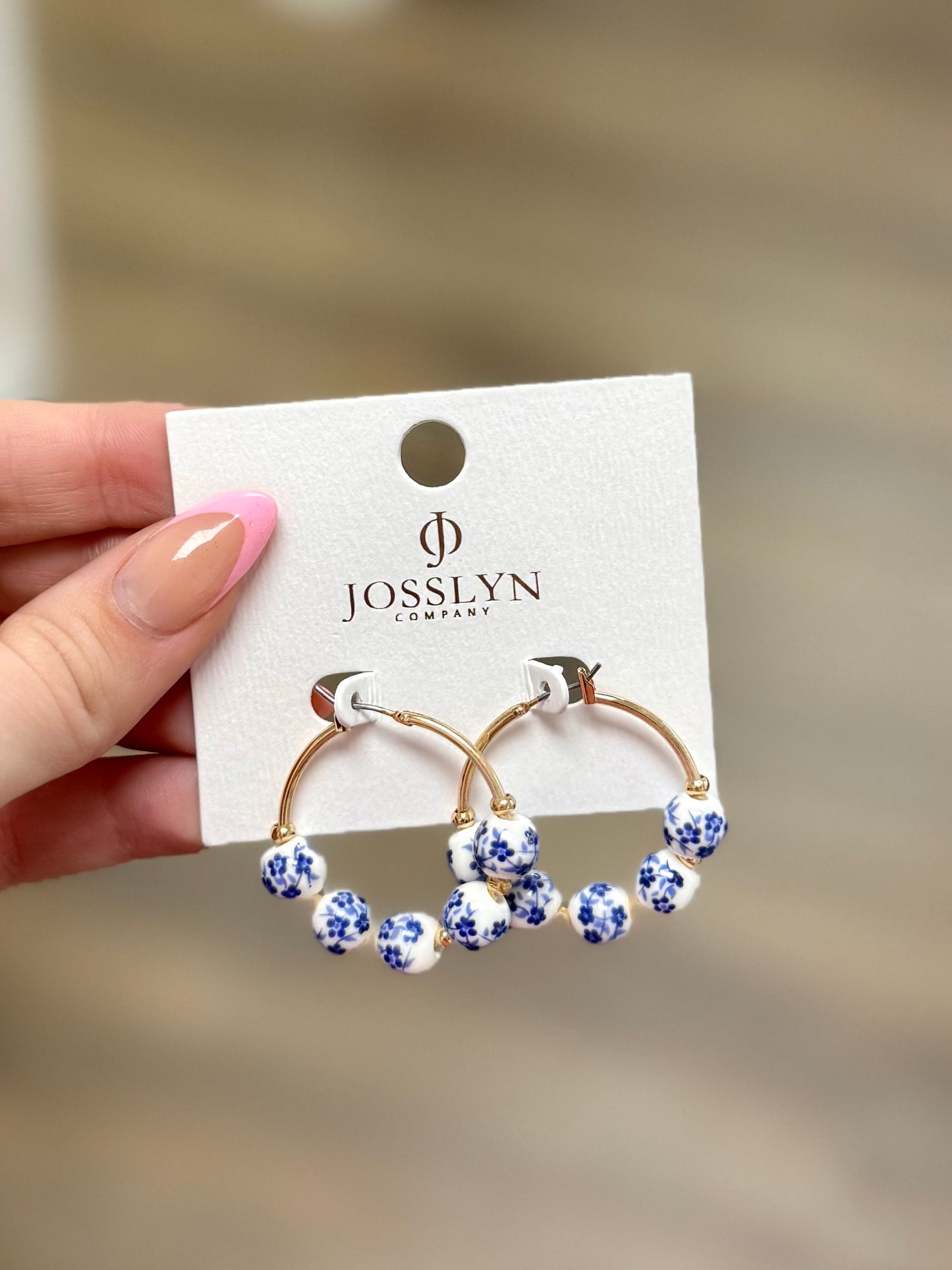 Blue Floral Ceramic Hoop Earrings