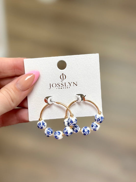 Blue Floral Ceramic Hoop Earrings