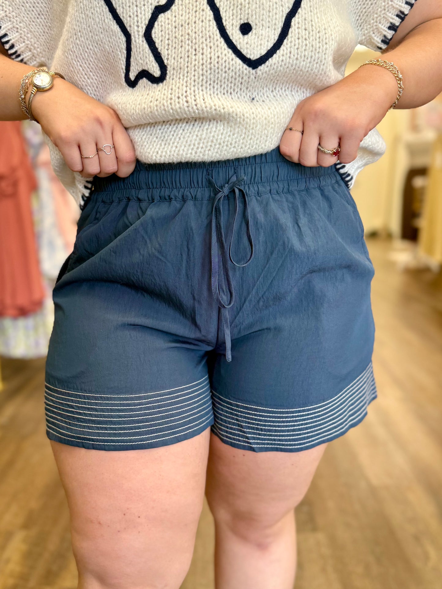 Navy Contrast Stitch Pull-On Shorts