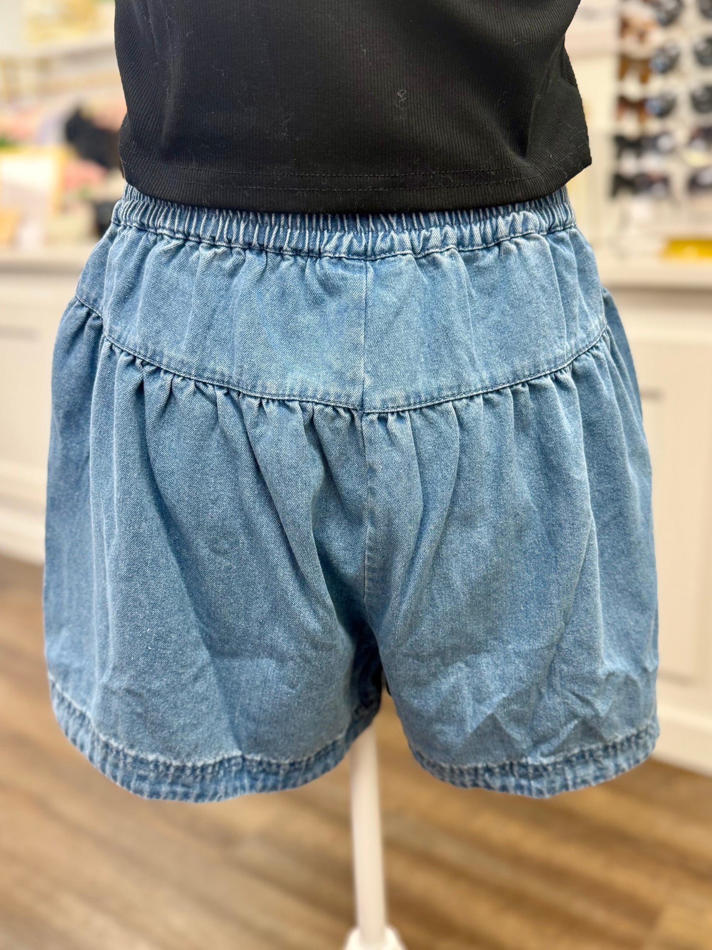 Indigo Mineral Washed Chambray Button Down Shorts