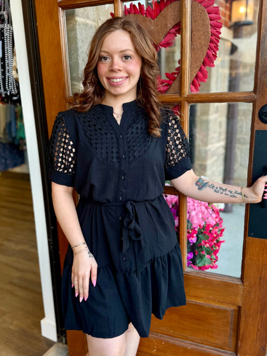 Black Lace Sleeve Button Down Mini Dress
