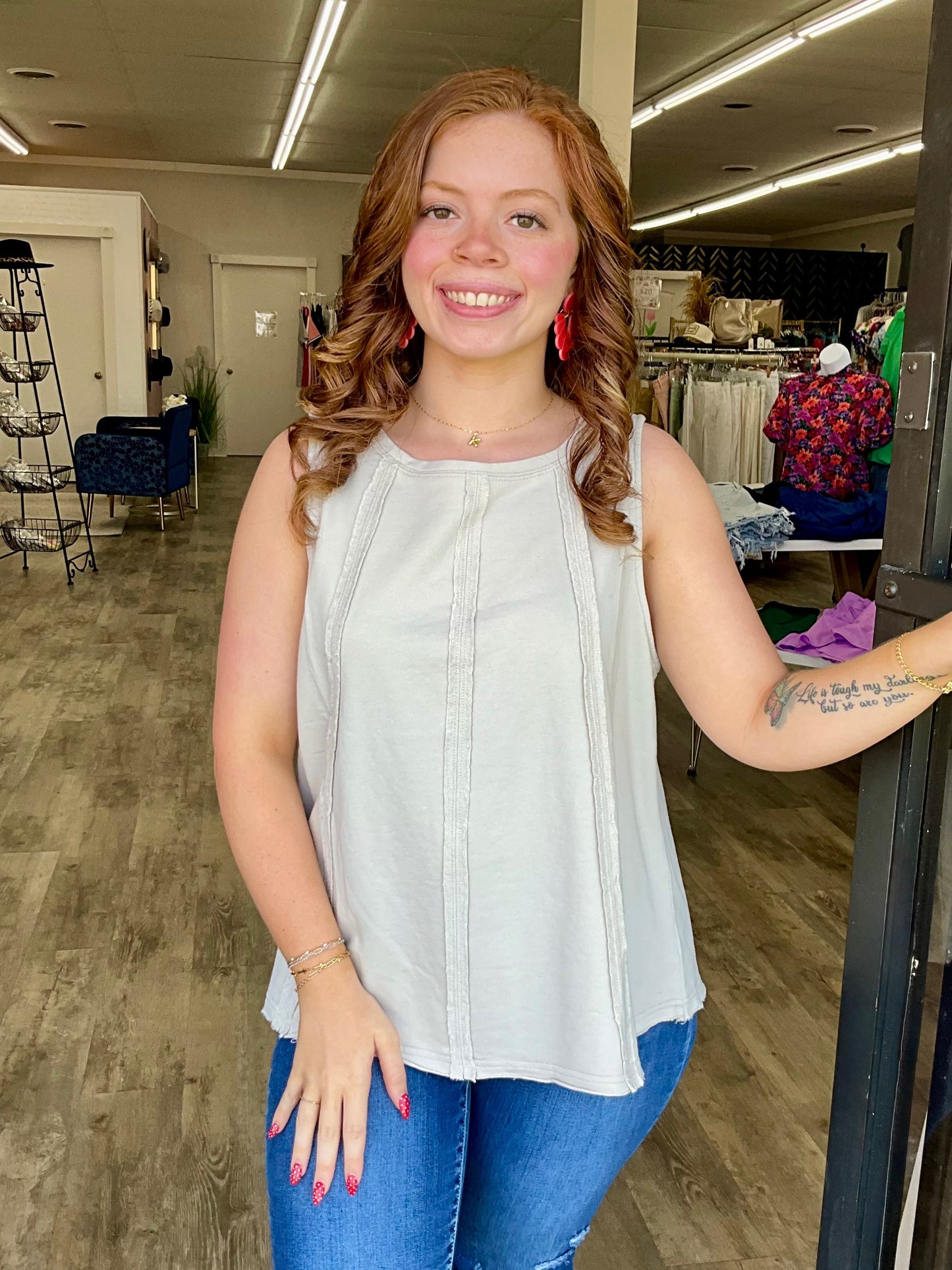 Stone Reverse Fray Sleeveless Top