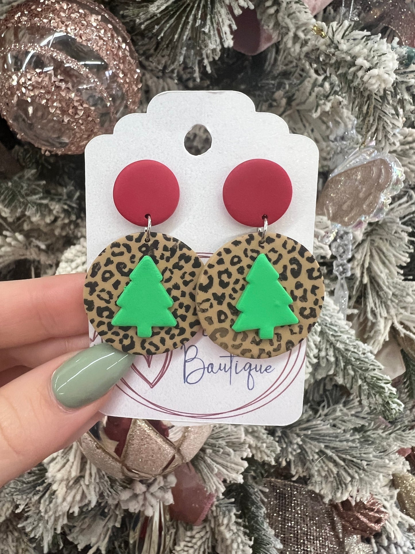 Brown Cheetah Christmas Tree Earrings