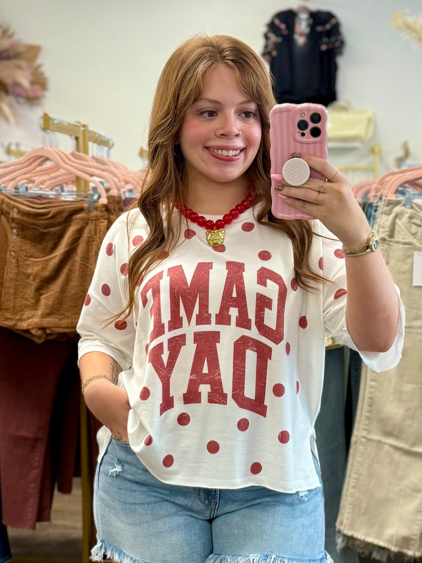 Cherry Red Game Day Polka Dot Top