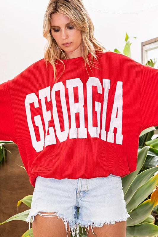 Georgia Comfy Oversize Graphic Sweatshirt: Red/White
