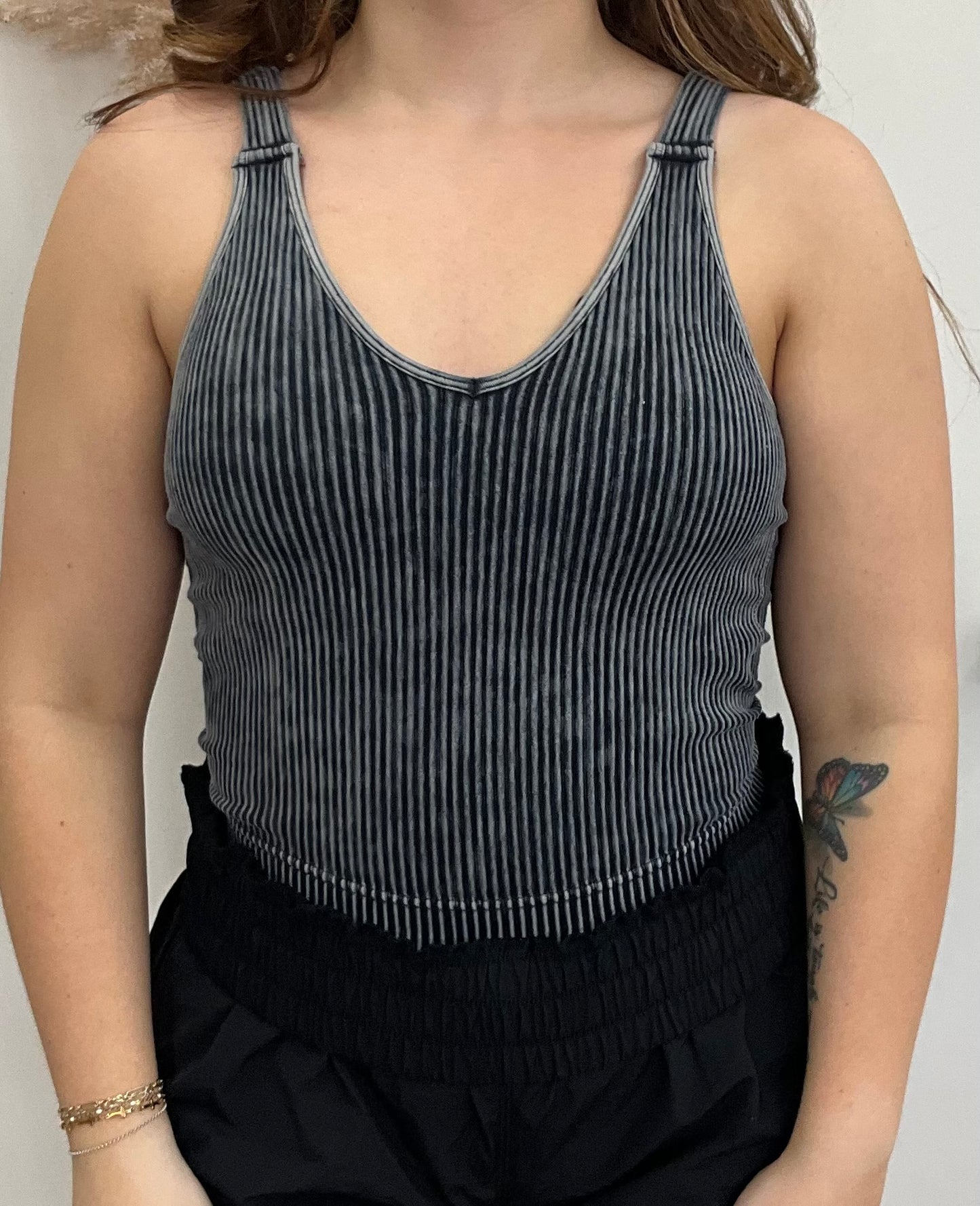 Ash Black Washed Ribbed Seamless Bra Padded V-Neck Tank