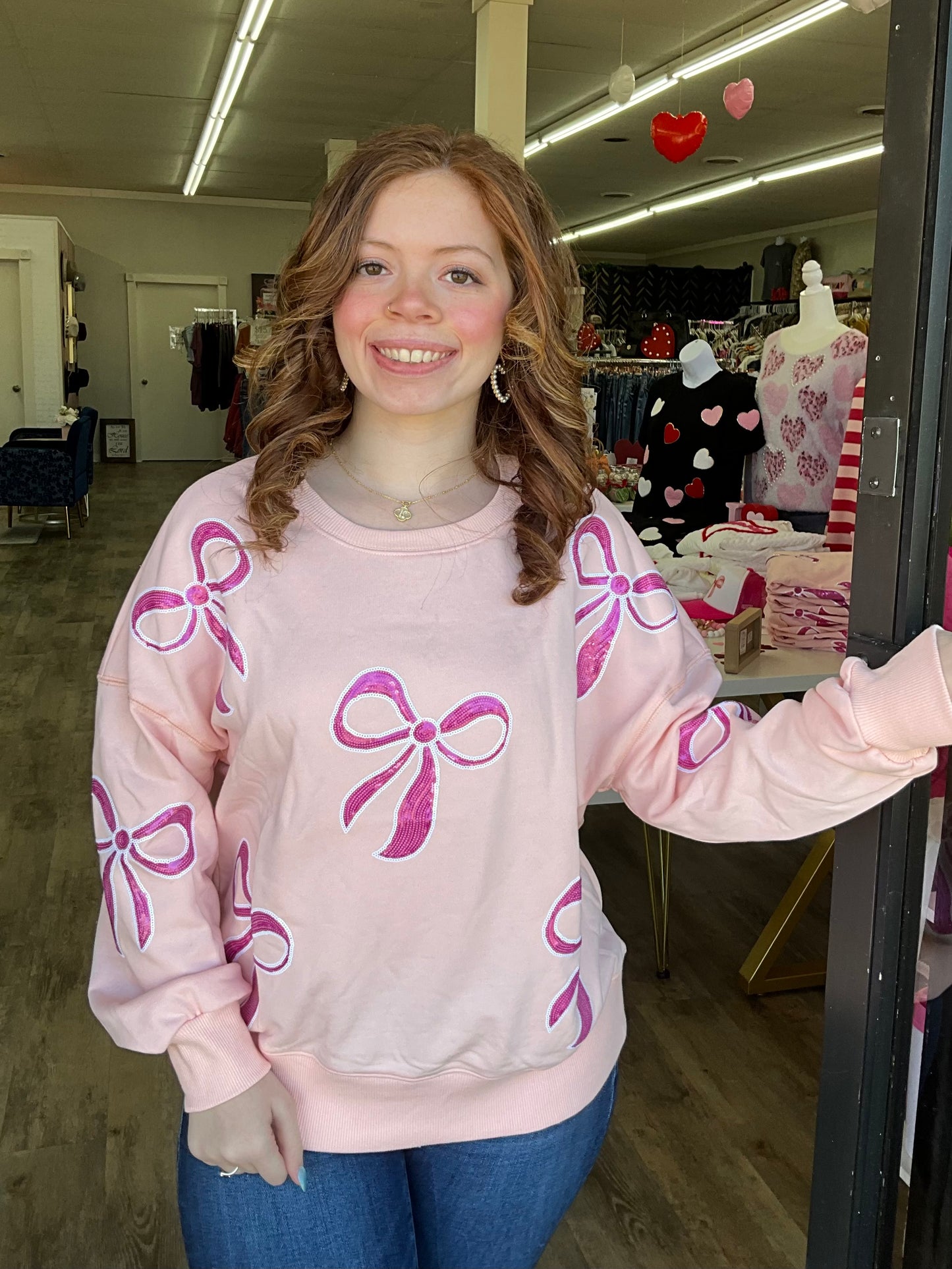 Pink Sequin Bow Drop Shoulder Sweatshirt