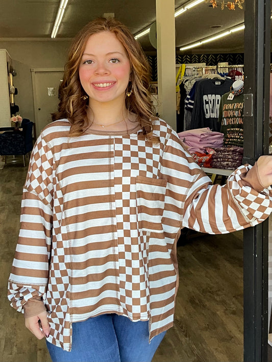 Plus Oversized Brown Checker Stripe Pocketed Top