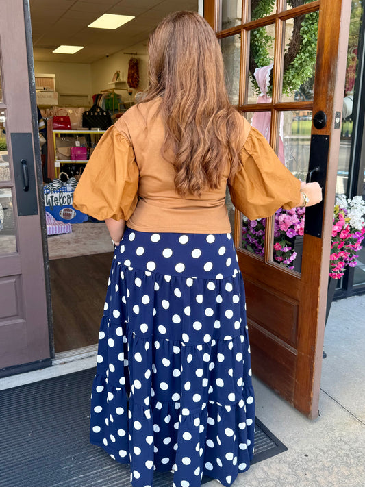 Mocha Poplin Puff Sleeve Bow Top