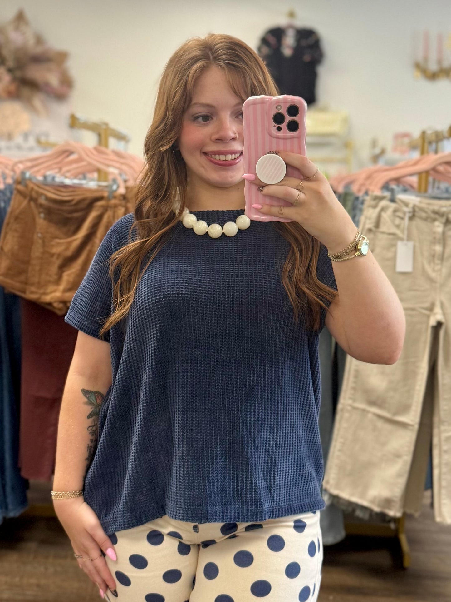Navy Chenille Waffle Knit Sweater Top
