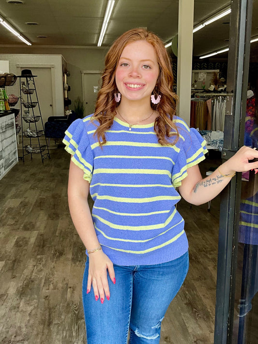 Blue Striped Ruffle Sleeve Sweater Top