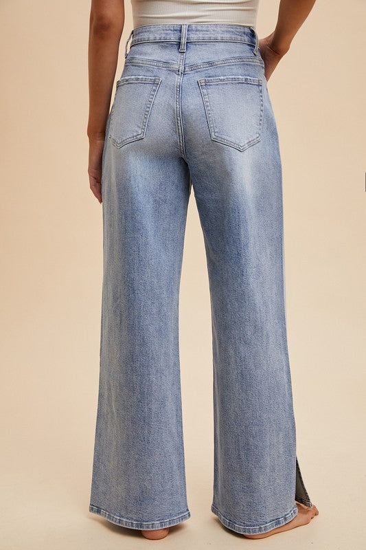 Denim Stretch Side Slit Wide Leg Jeans