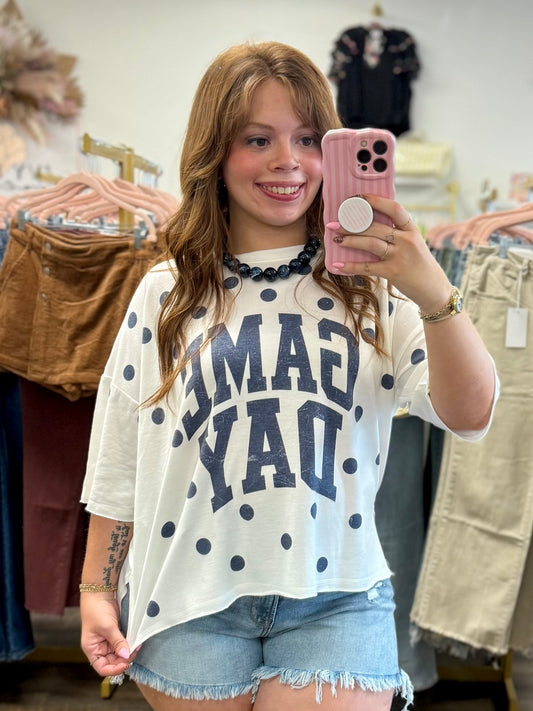 Navy Game Day Polka Dot Top