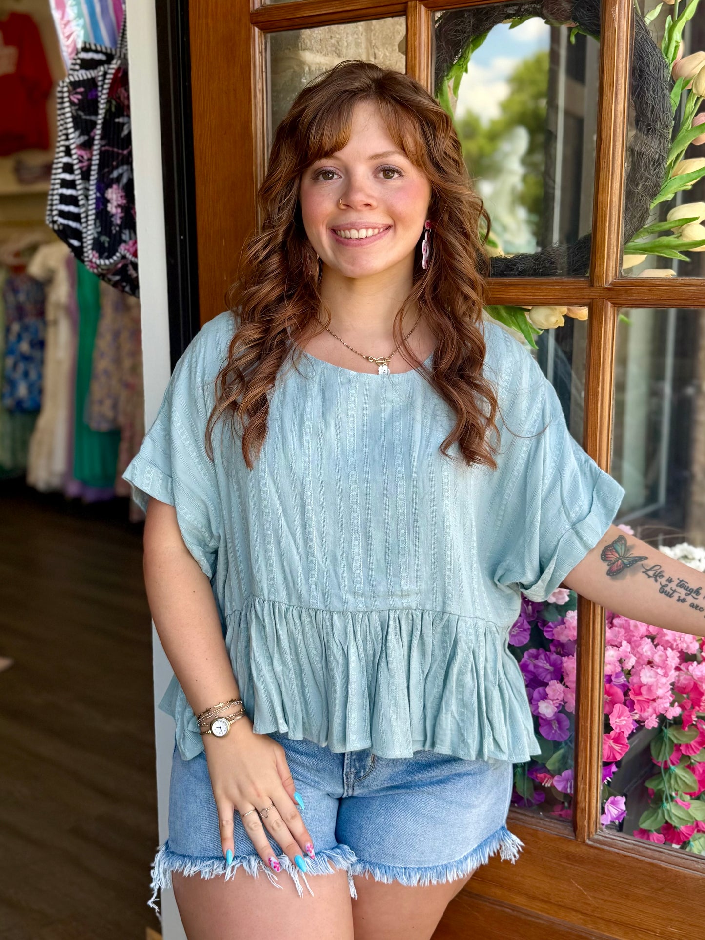 Green Textured Ruffle Hem Top