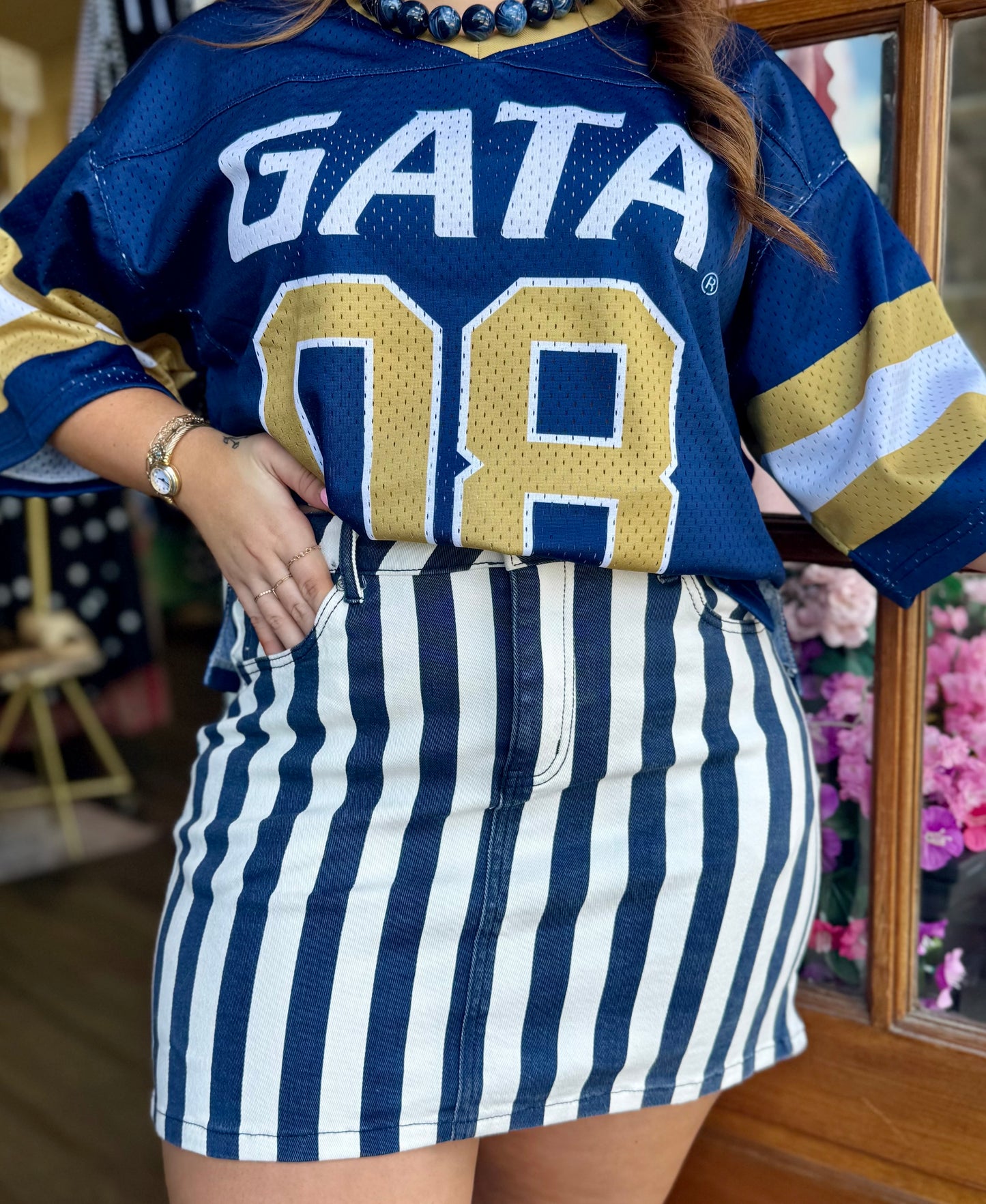 Navy Striped Denim Skirt